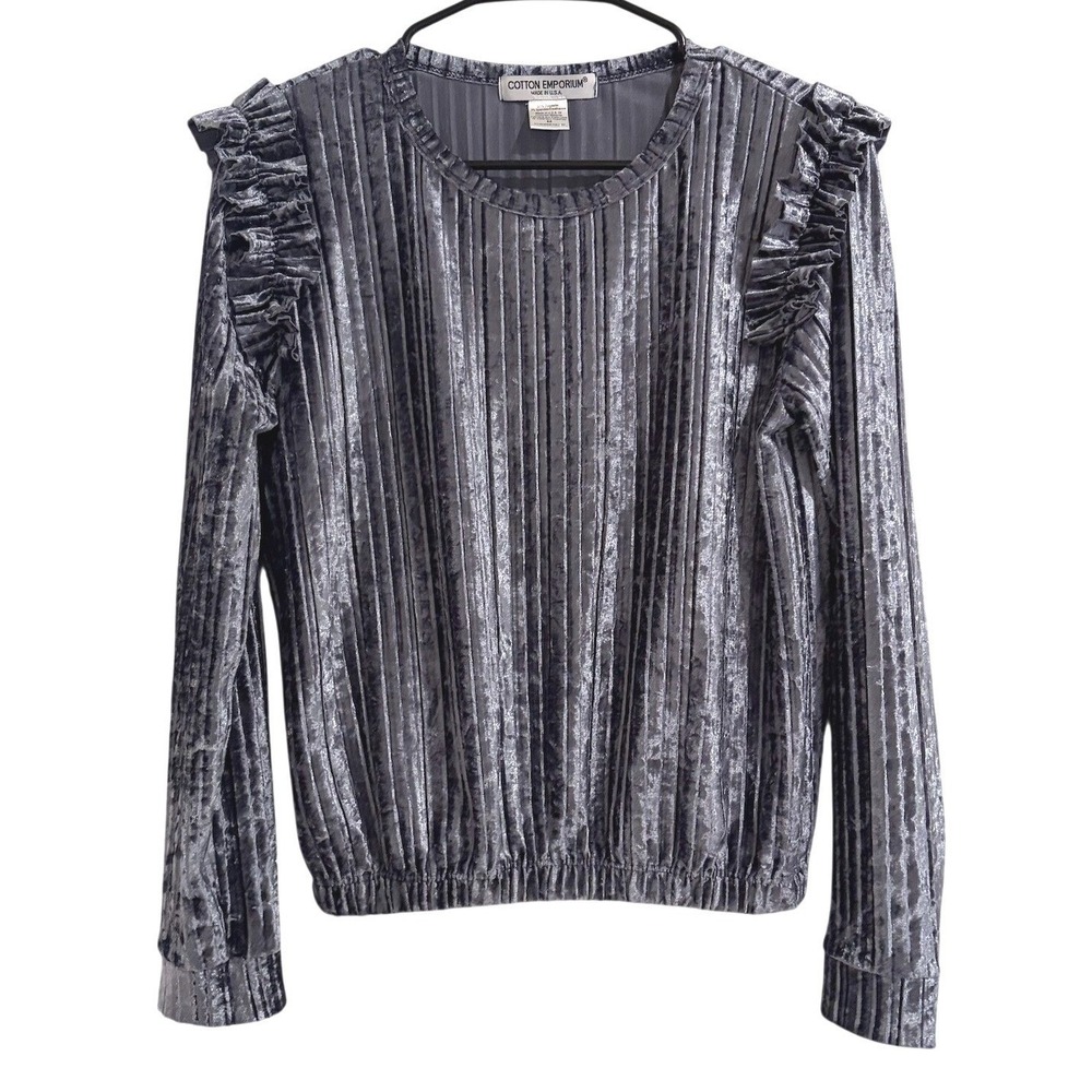 Cotton Emporium Gray Crushed Velvet Ruffle Shoulder Pleated Top MEDIUM